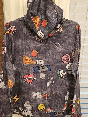 HOODIE Eye Candy Denim Blue Graphic Hoodie Zipper Colorful Patches Emoji Unicorn